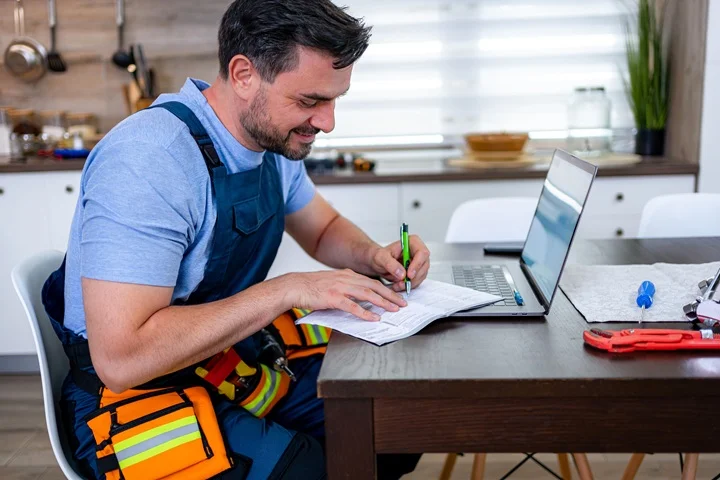 Tradesperson reviewing paperwork and a laptop at their kitchen table while completing a WorkCover Certificate of Capacity from OMC Health