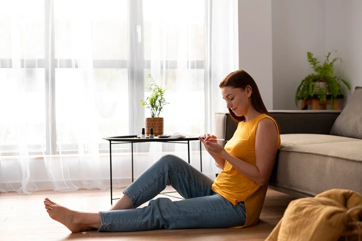 Person at home using smartphone to book a mental health medical certificate through OMC Health