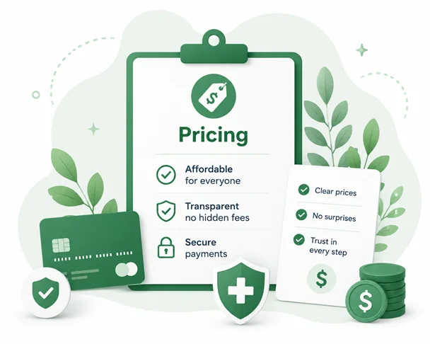 Pricing illustration with a green clipboard, secure payment icons, credit card, coins, healthcare shield, and checklist on a clean green and white background.