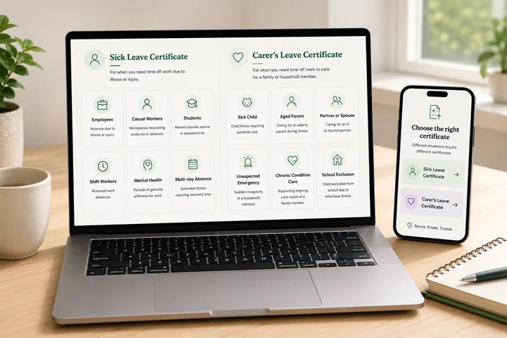 A comparison showing what certificate to choose between carers leave certificate vs sick leave certificate and phone booking certificate on OMC health platform.