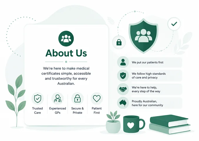 OMC Health About Us illustration showing patient-first care values, privacy, trusted service icons and Australian community support in green healthcare branding.
