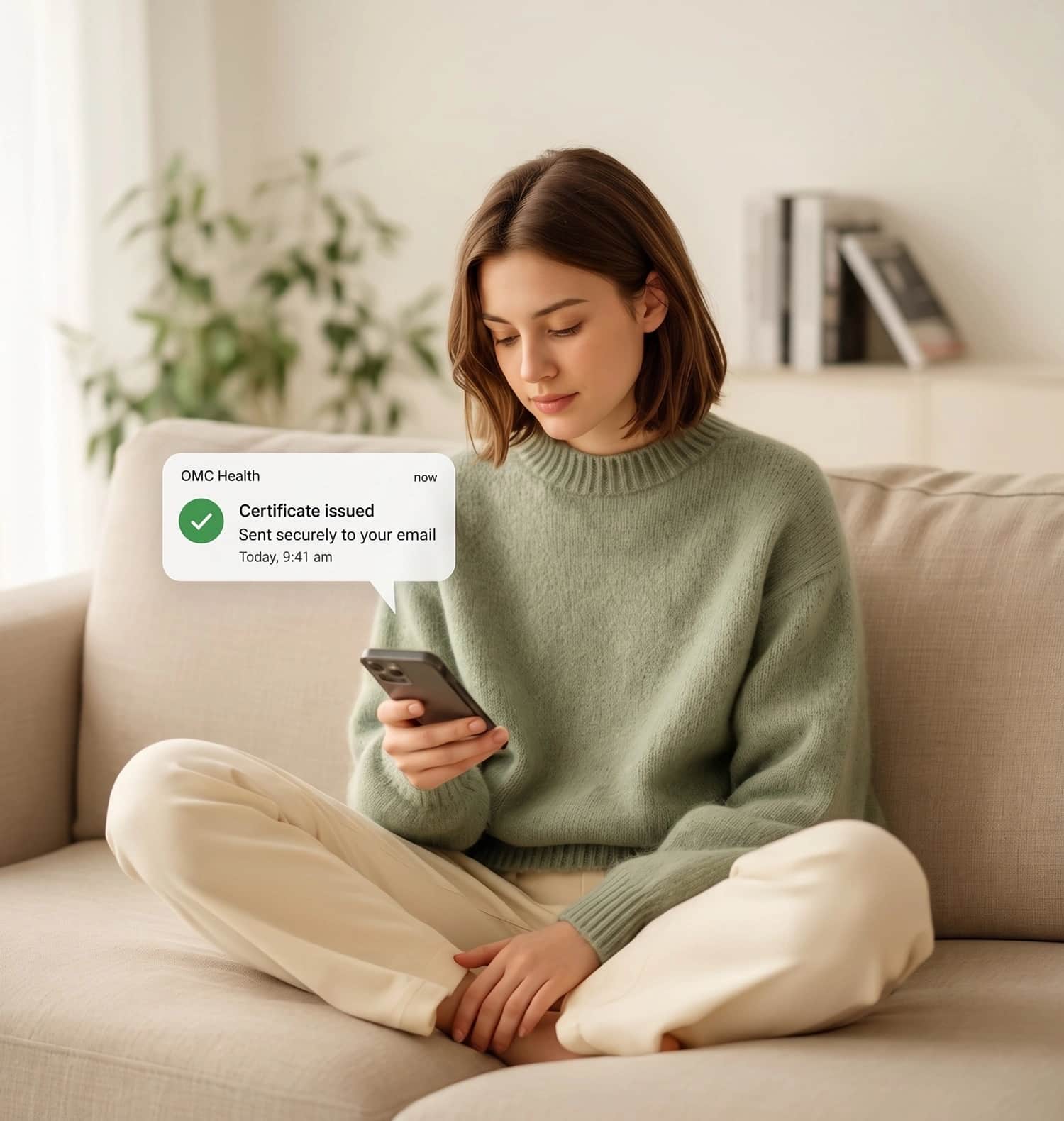 Smiling patient on phone receiving a medical certificate issued email same day.
