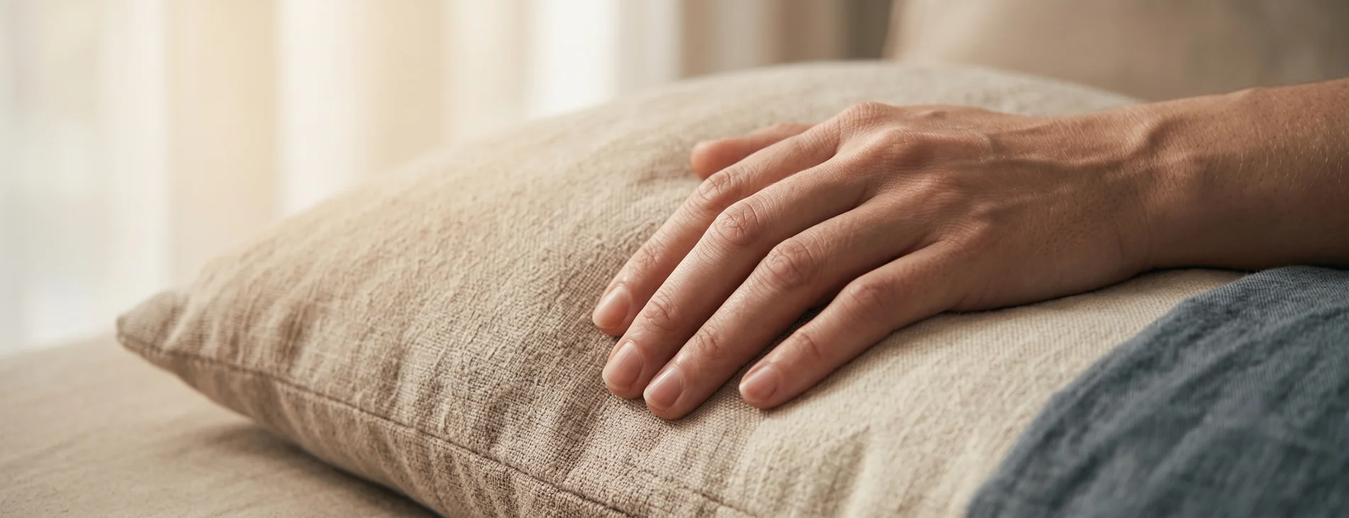 Close-up of a hand resting on a pillow in soft morning light, representing chronic fatigue exhaustion