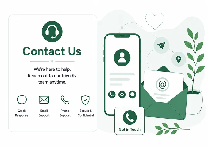 Contact OMC Health support illustration with phone, email envelope, headset, healthcare shield, and calm green medical design.