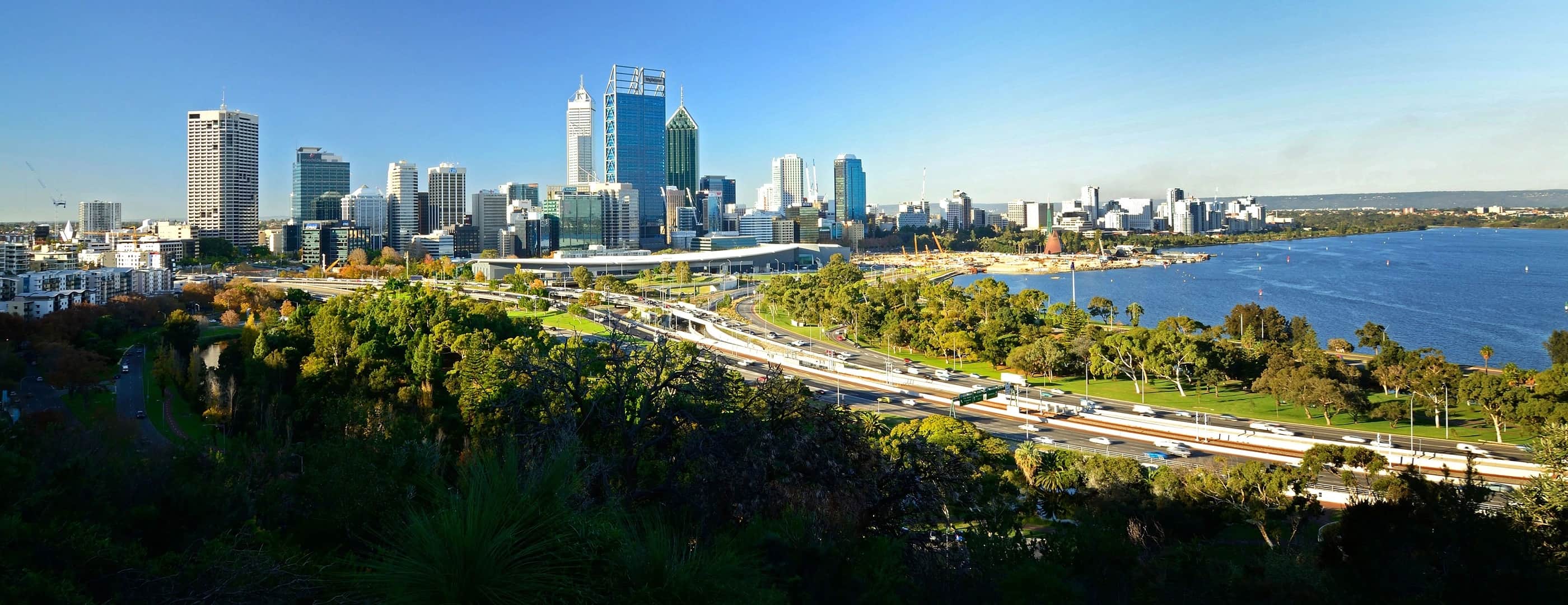 Perth city skyline viewed from Kings Park over the Swan River