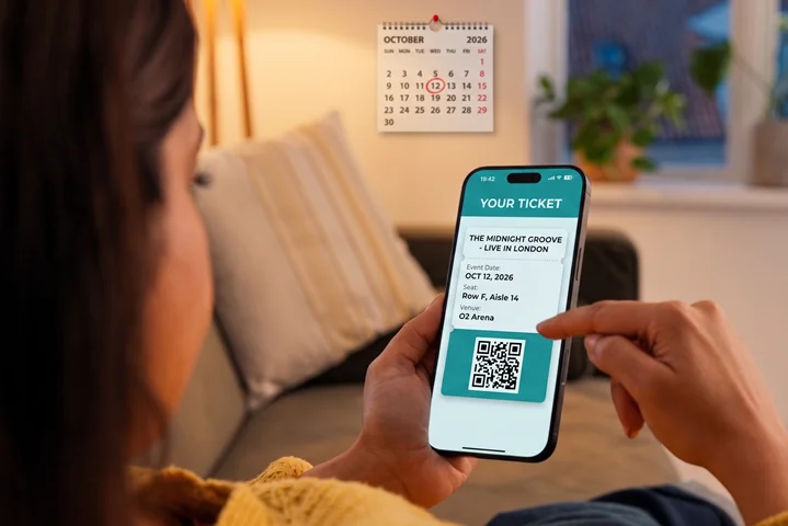 Person checking a concert ticket app on their phone at home in the evening, with a marked date on the wall calendar, before requesting a medical cancellation letter for an event refund