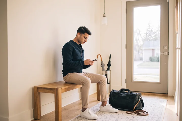 Person checking a gym app on their phone beside a gym bag at home, before requesting a medical cancellation letter from OMC Health