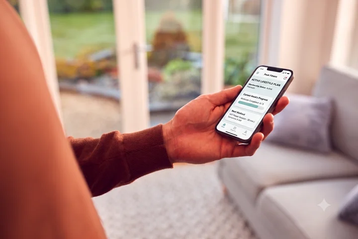 Person checking a fitness subscription app on their phone at home in natural daylight before requesting a medical cancellation letter