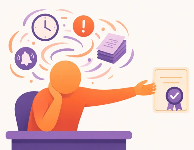 Illustration of a person overwhelmed by swirling deadline icons at a cluttered desk, reaching toward a certificate