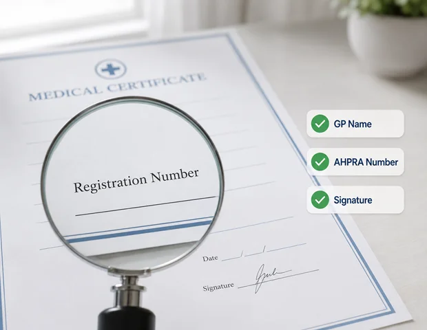 Certificate document with a checklist overlay highlighting AHPRA compliance details