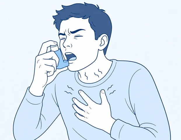 illustration of a person having an asthma attack, tense expression, holding an inhaler to their mouth with a glowing chest highlight