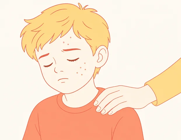 Illustrated close-up of a child resting peacefully in bed with a parent's comforting hand on their shoulder