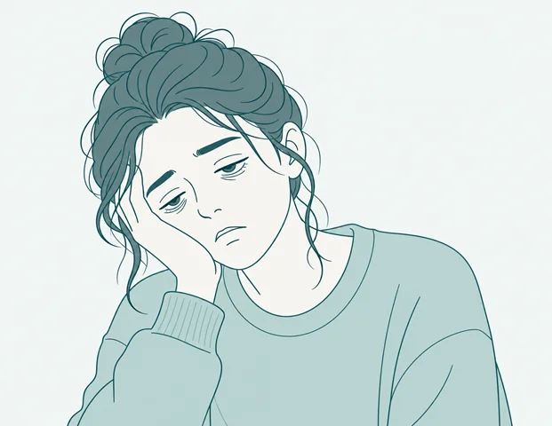 illustration of a person with heavy tired eyes and a glowing low-battery icon nearby