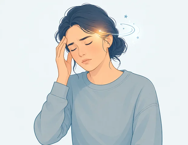 illustration of a person resting with eyes closed and a glowing dizziness swirl near their temple
