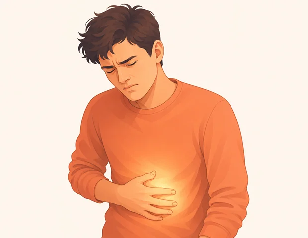 Illustration of a person with a pained expression pressing their hand against their stomach during a Crohn's flare-up
