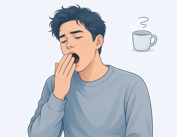 Tired man yawning with his hand over his mouth, with an empty coffee cup icon beside him.