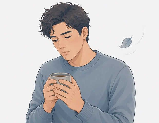 Illustration of a person with a gentle, contemplative expression holding a cup during a period of grief