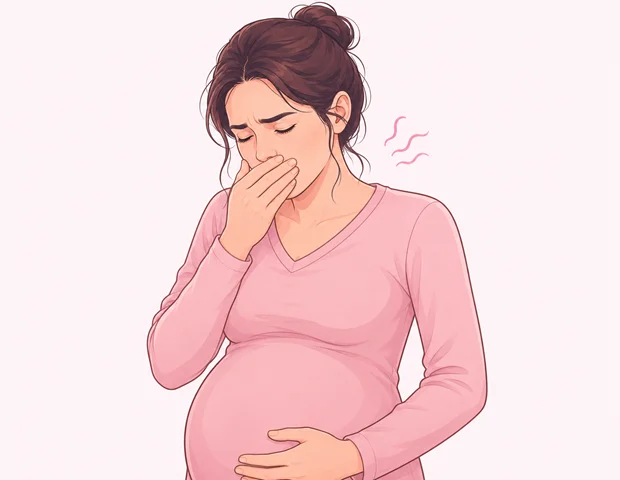Illustration of a visibly unwell pregnant person with a hand near their mouth and the other on their stomach