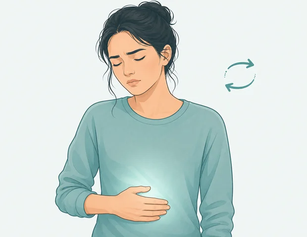 Illustration of a person with a discomfort expression, hand resting on their stomach during an IBS flare-up