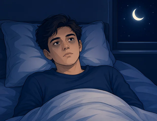 Illustration of a person lying awake in bed at night with tired, wide-open eyes