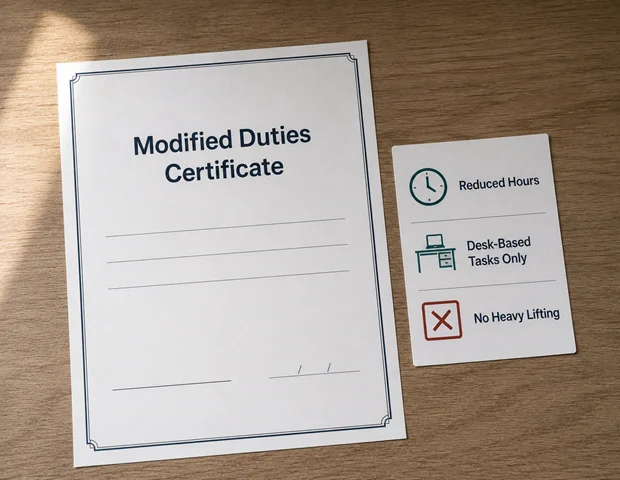Certificate document beside a checklist of modified light workplace duties
