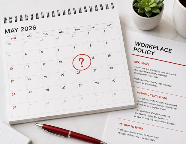 Single calendar day highlighted with a question mark comparing sick leave certificate requirements