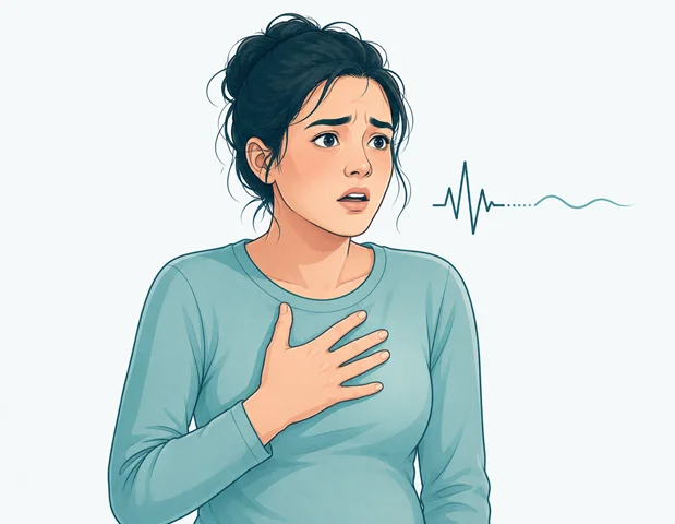Illustration of a person mid-panic-attack with a distressed expression, hand pressed to their chest, breathing rings calming