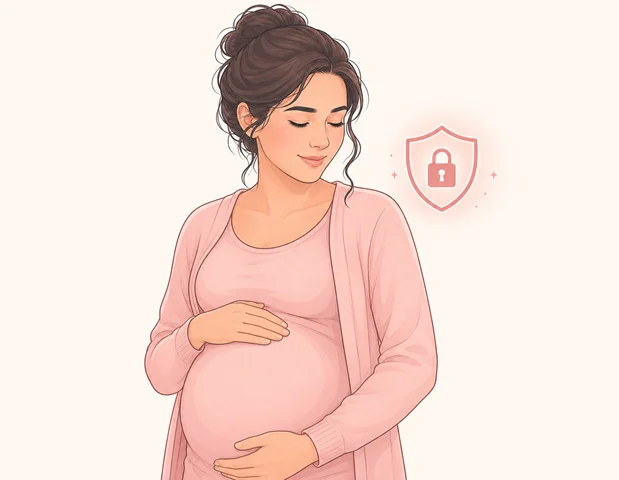 Illustration of a pregnant person with a calm expression seated at a laptop with a privacy shield icon