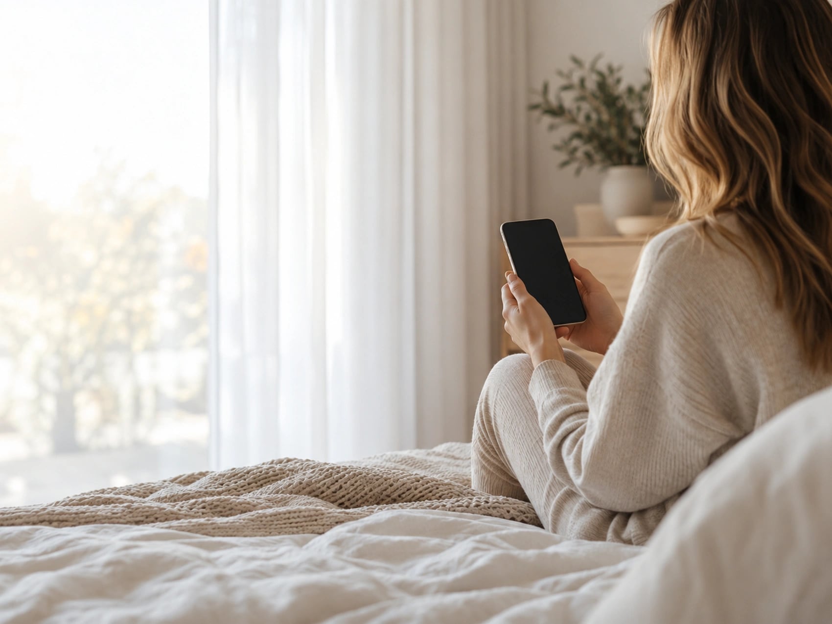 Woman sitting on her bed in early morning light with her phone, ready to request a same day medical certificate.