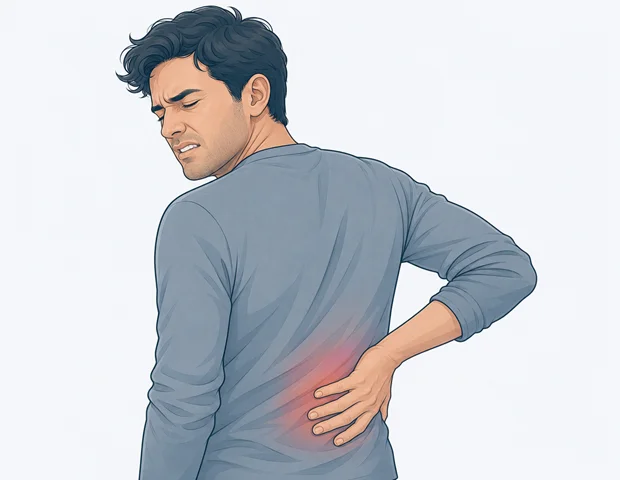 Illustration of a person wincing with a hand pressed against their lower back