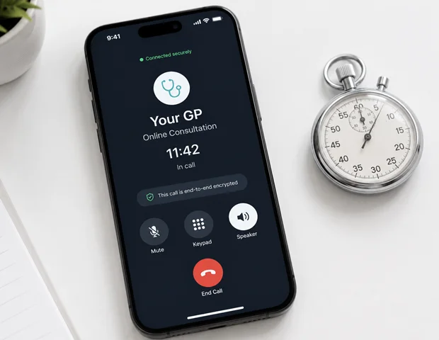 Stopwatch and call timer graphic showing the typical duration of a telehealth GP consultation