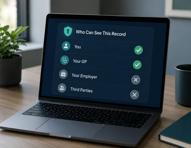 Access control screen showing a patient consultation record visible only to the patient and their GP