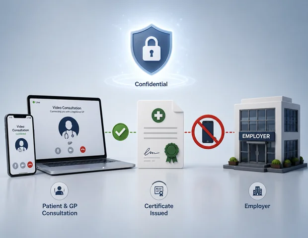 Diagram showing a telehealth consultation connecting privately to a certificate while a call icon to the employer is blocked