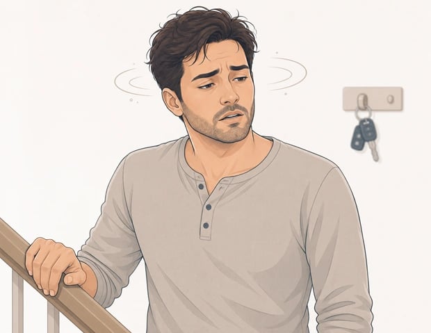 Illustration of a person with a dizzy expression gripping a railing, with car keys left untouched nearby