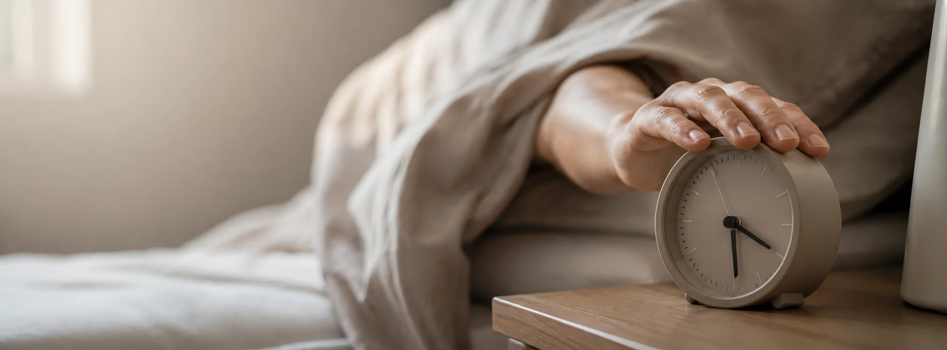 Close-up of a hand reaching out to silence an alarm clock while still half-covered by a blanket
