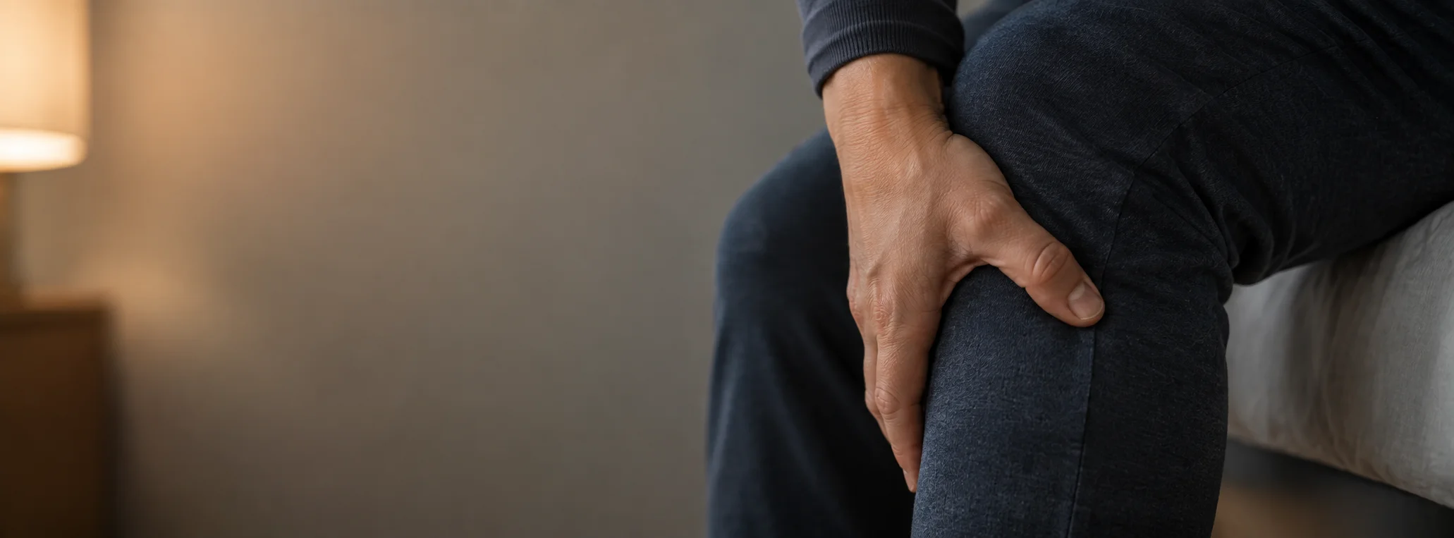 Close-up of a hand gripping the back of the knee while seated on the edge of a bed, representing radiating sciatica pain — Sick Leave Certificate for Sciatica from OMC Health