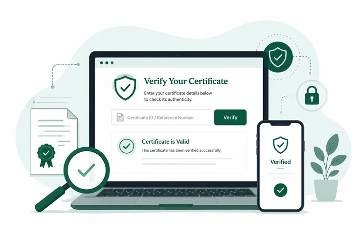 OMC Health certificate verification illustration with laptop, phone, certificate ID field and verified check marks.