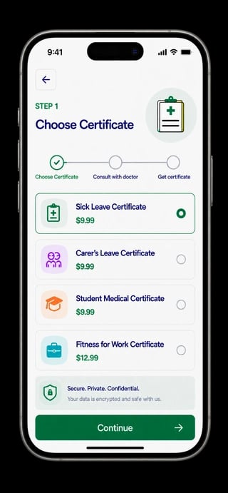 Step 1 of OMC Health certificate process: choose from Sick Leave, Carer's Leave, Student Medical, or Fitness for Work Certificate