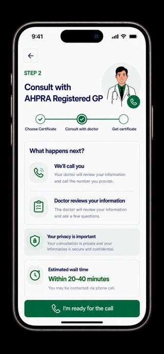 Step 2 of OMC Health certificate process: consult with an AHPRA registered GP by phone call