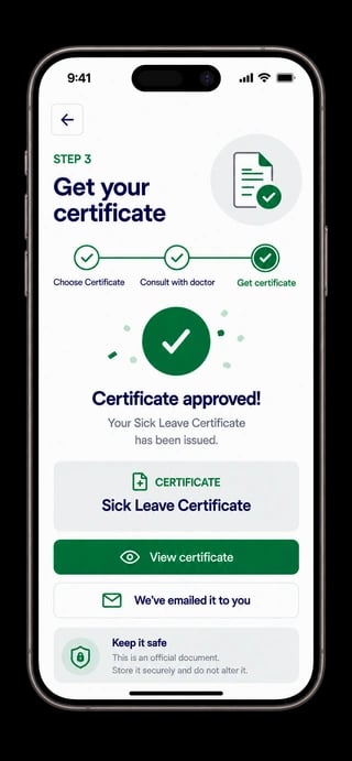 Step 3 of OMC Health certificate process: approved medical certificate issued and emailed to patient