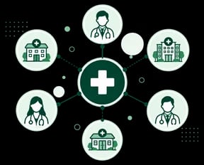 Illustration shows OMC Health is connected to different practices, clinics and AHPRA registered doctors.