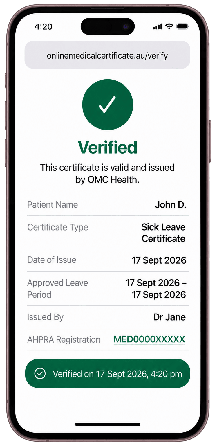 OMC Health certificate verification page on mobile showing verified status, patient details, and AHPRA registered doctor