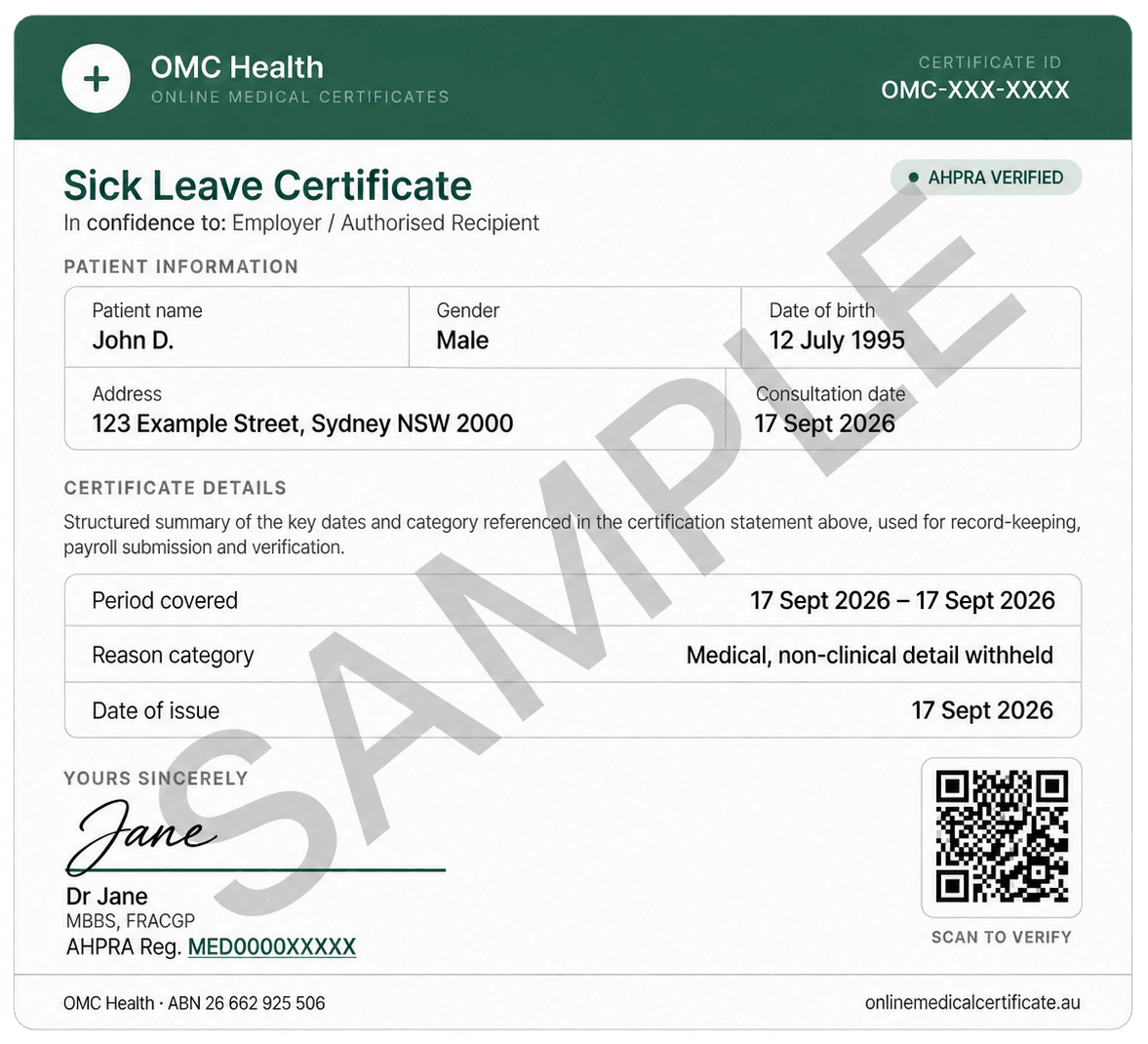 Sample OMC Health Sick Leave Certificate showing AHPRA registered doctor signature and QR code verification